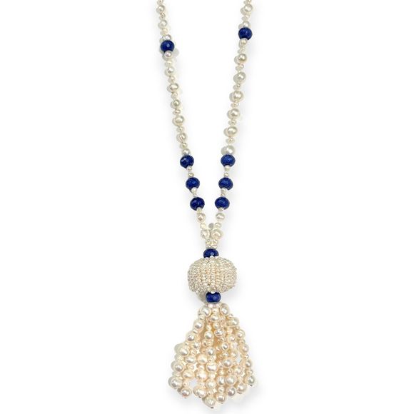 Vintage 1920’s Natural Pearl and Lapis Lazuli Long Tassel Necklace - Picture 4 of 6